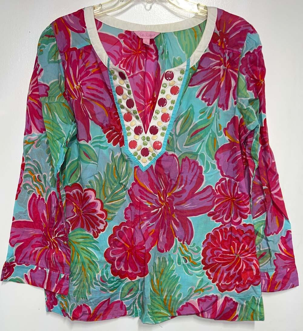 Rare Lilly Pulitzer Tunic Embellished V-neck 100% Cotton XL